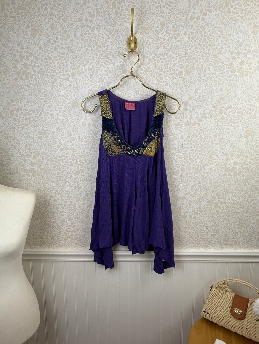 Free People Vintage Purple Beaded Embellished Sleeveless Top - Size - Medium